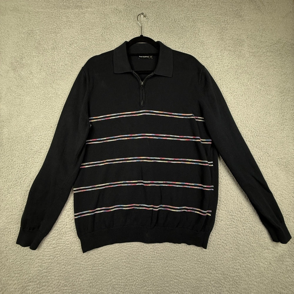 Paul Fredrick Mens Black Quarter Zip Long‎ Sleeve Polo Sweater Striped Trim Sz M